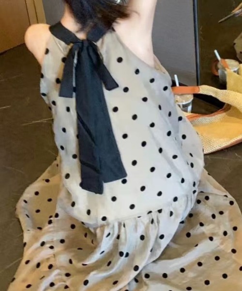 SHOUYO（ショウヨウ）の「配色ネック ドット柄ノースリーブワンピース（ワンピース・レディース・ベージュ・M）」の7枚目の写真