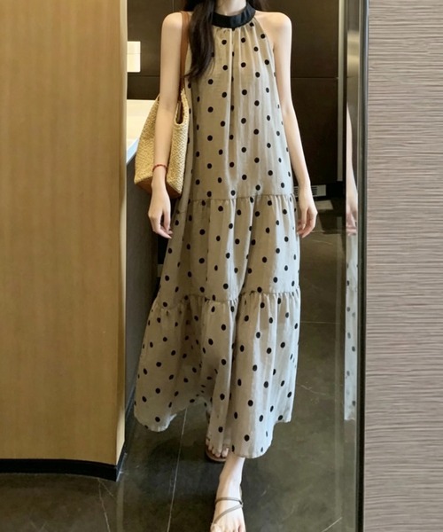 SHOUYO（ショウヨウ）の「配色ネック ドット柄ノースリーブワンピース（ワンピース・レディース・ベージュ・M）」の9枚目の写真