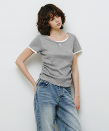 ヘンリーネックレイヤード半袖TシャツグレーMDTS097GRAY