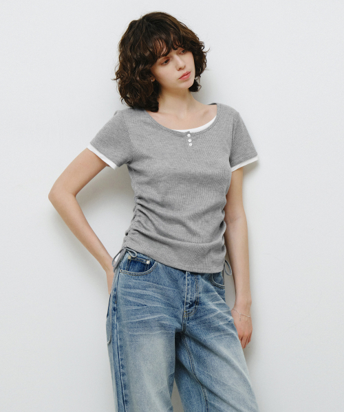 MONGDOL(モンドル)の「ヘンリーネックレイヤード半袖TシャツグレーMDTS097GRAY(Tシャツ/カットソー・レディース・その他・F)」の1枚目の写真