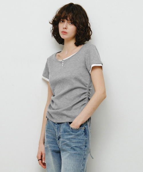 MONGDOL(モンドル)の「ヘンリーネックレイヤード半袖TシャツグレーMDTS097GRAY(Tシャツ/カットソー・レディース・その他・F)」の4枚目の写真