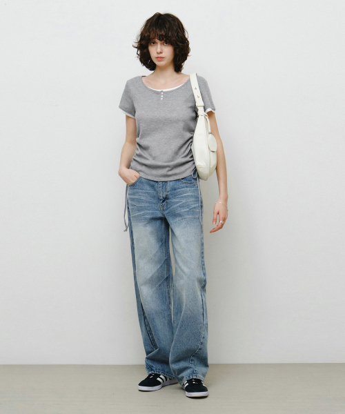 MONGDOL(モンドル)の「ヘンリーネックレイヤード半袖TシャツグレーMDTS097GRAY(Tシャツ/カットソー・レディース・その他・F)」の5枚目の写真
