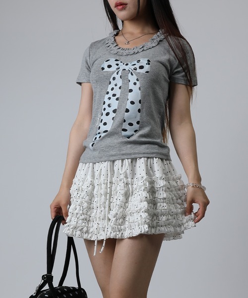 HOOK(フック)の「HOOK for girls ドットリボンプリント × フリルネック ガーリーT (SS)(Tシャツ/カットソー・レディース・ホワイト/グレー/ピンク・FREE)」の1枚目の写真