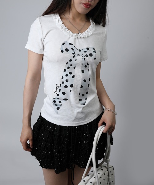 HOOK(フック)の「HOOK for girls ドットリボンプリント × フリルネック ガーリーT (SS)(Tシャツ/カットソー・レディース・ホワイト/グレー/ピンク・FREE)」の2枚目の写真