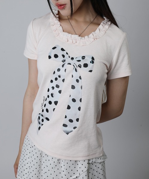 HOOK(フック)の「HOOK for girls ドットリボンプリント × フリルネック ガーリーT (SS)(Tシャツ/カットソー・レディース・ホワイト/グレー/ピンク・FREE)」の3枚目の写真