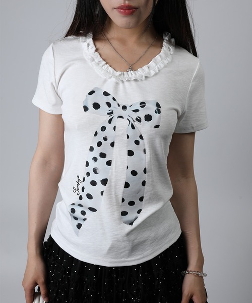 HOOK(フック)の「HOOK for girls ドットリボンプリント × フリルネック ガーリーT (SS)(Tシャツ/カットソー・レディース・ホワイト/グレー/ピンク・FREE)」の19枚目の写真