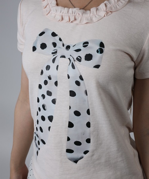 HOOK(フック)の「HOOK for girls ドットリボンプリント × フリルネック ガーリーT (SS)(Tシャツ/カットソー・レディース・ホワイト/グレー/ピンク・FREE)」の6枚目の写真