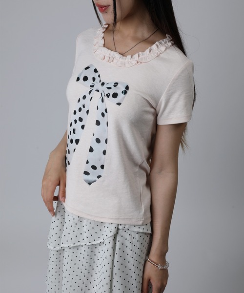 HOOK(フック)の「HOOK for girls ドットリボンプリント × フリルネック ガーリーT (SS)(Tシャツ/カットソー・レディース・ホワイト/グレー/ピンク・FREE)」の7枚目の写真