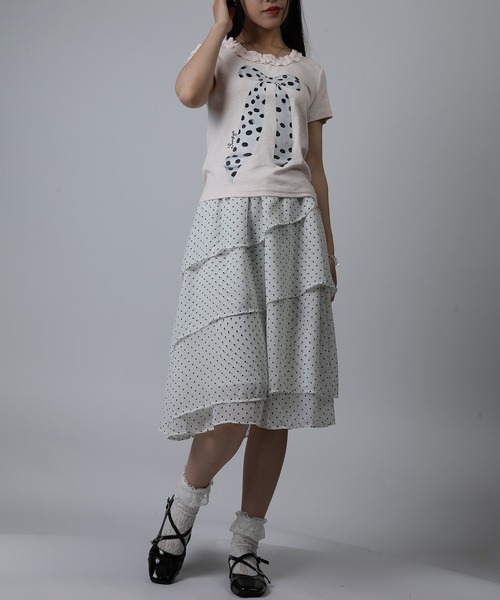 HOOK(フック)の「HOOK for girls ドットリボンプリント × フリルネック ガーリーT (SS)(Tシャツ/カットソー・レディース・ホワイト/グレー/ピンク・FREE)」の8枚目の写真
