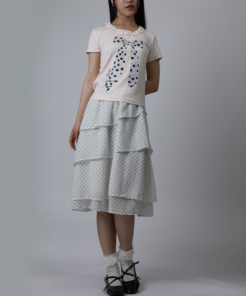 HOOK(フック)の「HOOK for girls ドットリボンプリント × フリルネック ガーリーT (SS)(Tシャツ/カットソー・レディース・ホワイト/グレー/ピンク・FREE)」の9枚目の写真
