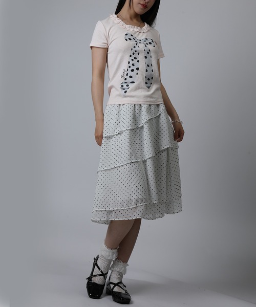 HOOK(フック)の「HOOK for girls ドットリボンプリント × フリルネック ガーリーT (SS)(Tシャツ/カットソー・レディース・ホワイト/グレー/ピンク・FREE)」の10枚目の写真