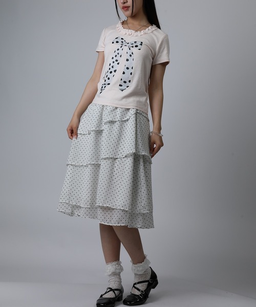 HOOK(フック)の「HOOK for girls ドットリボンプリント × フリルネック ガーリーT (SS)(Tシャツ/カットソー・レディース・ホワイト/グレー/ピンク・FREE)」の11枚目の写真