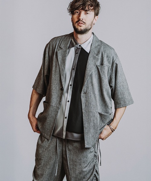 NO ID.(ノーアイディ)の「mj11634-ドローストリングスハーフスリーブ1B-JKT ジャケット(858006-496J)(テーラードジャケット・メンズ・ダークグレー/ブラック/グレー・ONE SIZE)」の2枚目の写真