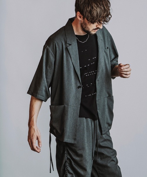 NO ID.(ノーアイディ)の「mj11634-ドローストリングスハーフスリーブ1B-JKT ジャケット(858006-496J)(テーラードジャケット・メンズ・ダークグレー/ブラック/グレー・ONE SIZE)」の8枚目の写真