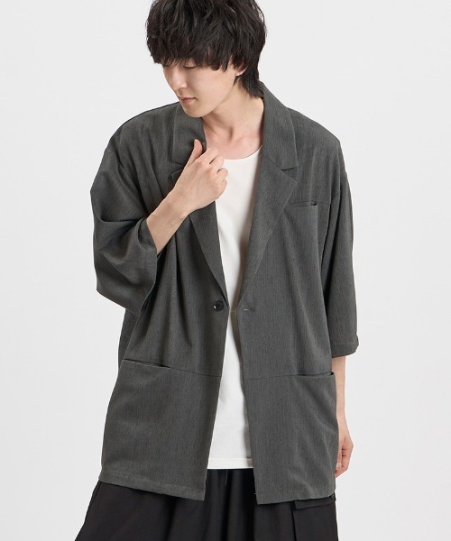 NO ID.(ノーアイディ)の「mj11634-ドローストリングスハーフスリーブ1B-JKT ジャケット(858006-496J)(テーラードジャケット・メンズ・ダークグレー/ブラック/グレー・ONE SIZE)」の22枚目の写真
