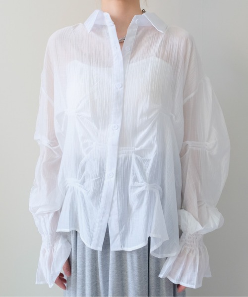 DOLLUPOOPS(ドールアップウップス)の「Gather Design Sheer Blouse(ギャザーデザインシアーブラウス)(シャツ/ブラウス・レディース・グレー/オフホワイト/ブラック/ライトピンク・FREE)」の19枚目の写真