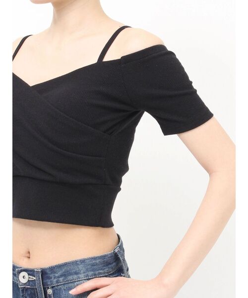 GYDA(ジェイダ)の「ラメテレコハーフスリーブカシュクールオフショルショートトップス(Tシャツ/カットソー・レディース・ブラック/オフホワイト/グレー・FREE)」の4枚目の写真
