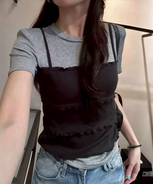 SpRay(スプレイ)の「フェイクレイヤードキャミソールTシャツ(Tシャツ/カットソー・レディース・ホワイト/グレー/ブラック・FREE)」の3枚目の写真