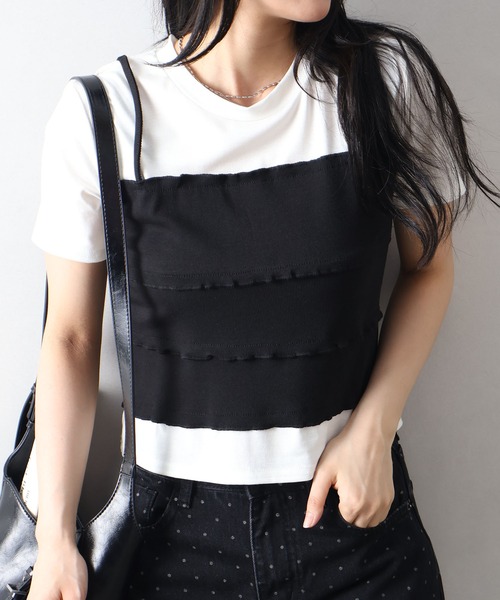 SpRay(スプレイ)の「フェイクレイヤードキャミソールTシャツ(Tシャツ/カットソー・レディース・ホワイト/グレー/ブラック・FREE)」の2枚目の写真