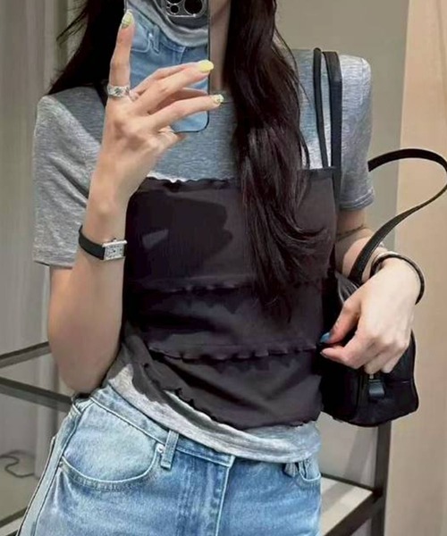 SpRay(スプレイ)の「フェイクレイヤードキャミソールTシャツ(Tシャツ/カットソー・レディース・ホワイト/グレー/ブラック・FREE)」の5枚目の写真