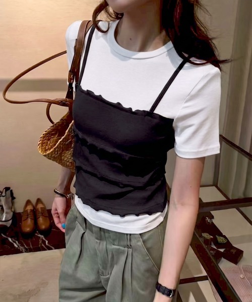 SpRay(スプレイ)の「フェイクレイヤードキャミソールTシャツ(Tシャツ/カットソー・レディース・ホワイト/グレー/ブラック・FREE)」の6枚目の写真