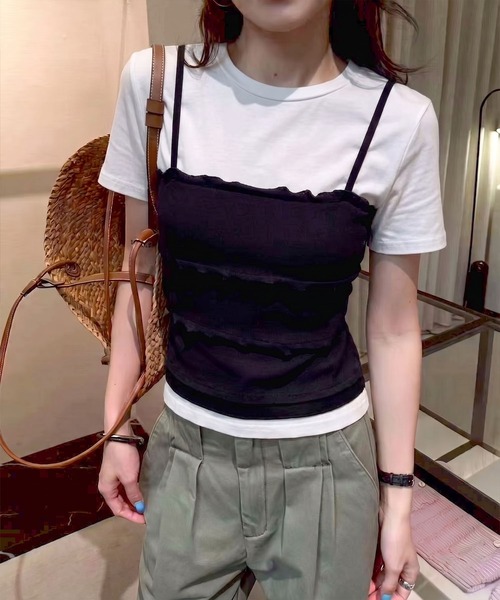 SpRay(スプレイ)の「フェイクレイヤードキャミソールTシャツ(Tシャツ/カットソー・レディース・ホワイト/グレー/ブラック・FREE)」の7枚目の写真