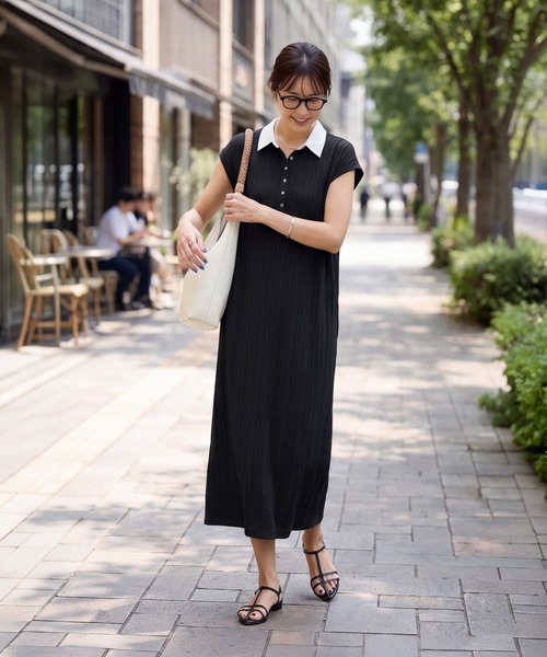 STYLE DELI(スタイルデリ)の「襟付きランダムリブカットソーワンピース(Tシャツ/カットソー・レディース・ブラウン/ブラック・01/02)」の2枚目の写真