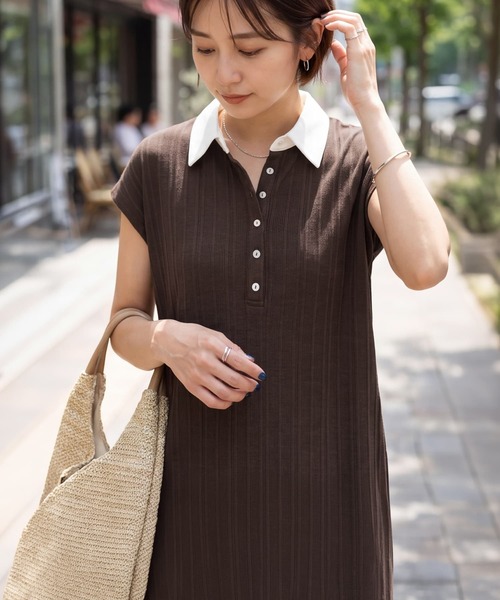 STYLE DELI(スタイルデリ)の「襟付きランダムリブカットソーワンピース(Tシャツ/カットソー・レディース・ブラウン/ブラック・01/02)」の3枚目の写真