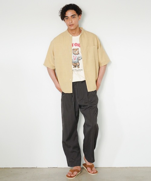 BAYFLOW（ベイフロー）の「[大人な抜け感]リラックスリネンライクバンドカラーシャツ[セットアップ可]（シャツ/ブラウス・メンズ・その他1/ネイビー/ベージュ・MEDIUM/LARGE）」の5枚目の写真