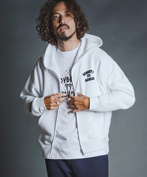 seventy seven(セブンティセブン)の「mpa4177- brushed lining zip-up BOX hoodie (funny arch) ジップアップフーディー(7726W090)(パーカー・メンズ・ホワイト/ブラック/ネイビー・S/M/L/XL)」の4枚目の写真