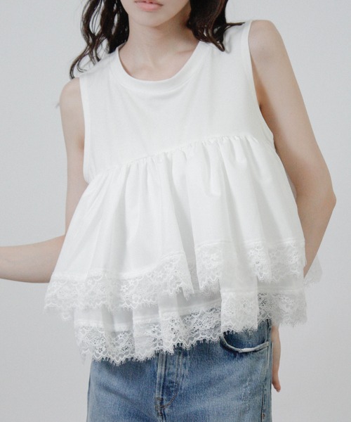 SG】ティアードフリル レース ノースリーブTシャツ キャミソール