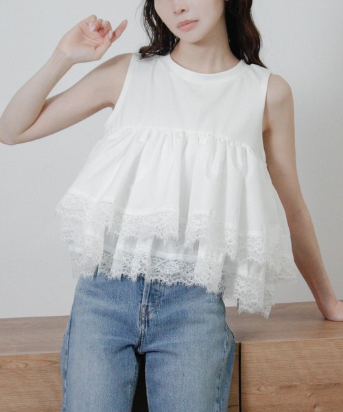 NYLAUS(ナイラス)の「【SG】ティアードフリル レース ノースリーブTシャツ キャミソール タンクトップ(キャミソール・レディース・ブラック/ブラウン/オフホワイト・M)」の4枚目の写真