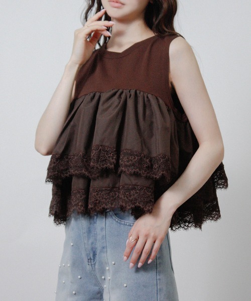 NYLAUS(ナイラス)の「【SG】ティアードフリル レース ノースリーブTシャツ キャミソール タンクトップ(キャミソール・レディース・ブラック/ブラウン/オフホワイト・M)」の11枚目の写真