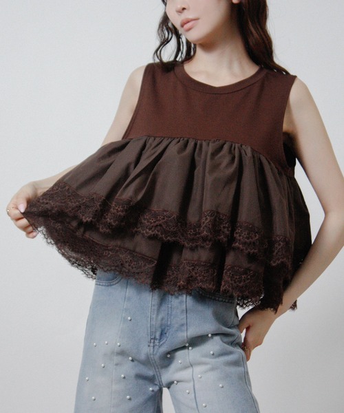 NYLAUS(ナイラス)の「【SG】ティアードフリル レース ノースリーブTシャツ キャミソール タンクトップ(キャミソール・レディース・ブラック/ブラウン/オフホワイト・M)」の12枚目の写真