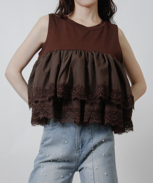 NYLAUS(ナイラス)の「【SG】ティアードフリル レース ノースリーブTシャツ キャミソール タンクトップ(キャミソール・レディース・ブラック/ブラウン/オフホワイト・M)」の13枚目の写真