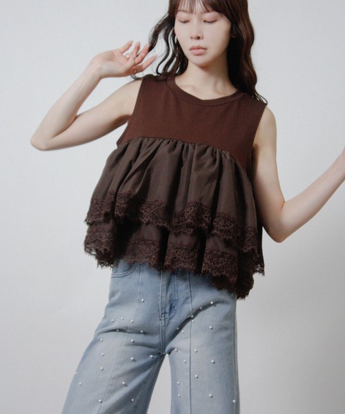 NYLAUS(ナイラス)の「【SG】ティアードフリル レース ノースリーブTシャツ キャミソール タンクトップ(キャミソール・レディース・ブラック/ブラウン/オフホワイト・M)」の14枚目の写真
