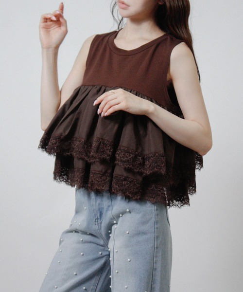 NYLAUS(ナイラス)の「【SG】ティアードフリル レース ノースリーブTシャツ キャミソール タンクトップ(キャミソール・レディース・ブラック/ブラウン/オフホワイト・M)」の15枚目の写真