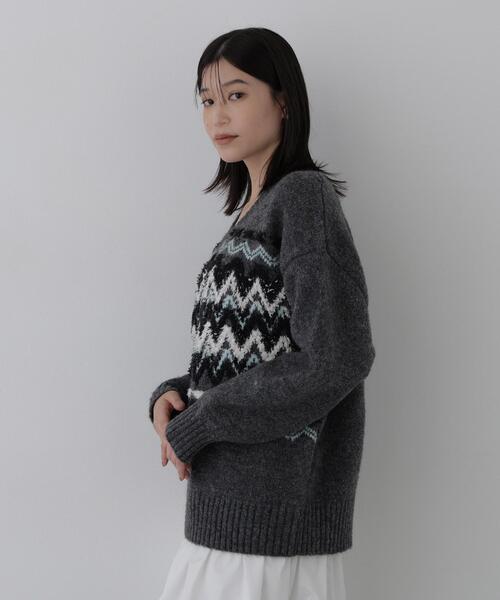 N.(N. Natural Beauty Basic)(エヌエヌナチュラルビューティーベーシック)の「ジオメトリックVネックニット(ニット/セーター・レディース・グレー系その他/ベージュ系その他・FREE)」の8枚目の写真