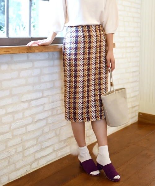 Khaju（カージュ）の「Khaju:チェックペンシルスカート◇（スカート・レディース・カーキ/ワイン・26/27）」の6枚目の写真