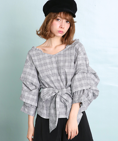 one after another NICE CLAUP（ワンアフターアナザーナイスクラップ）の「前リボンそでボリュームブラウス（シャツ/ブラウス・レディース・ブラウン系その他/チェック/オフホワイト/ピンク系その他・FREE）」の4枚目の写真