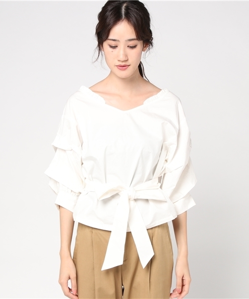 one after another NICE CLAUP（ワンアフターアナザーナイスクラップ）の「前リボンそでボリュームブラウス（シャツ/ブラウス・レディース・ブラウン系その他/チェック/オフホワイト/ピンク系その他・FREE）」の5枚目の写真
