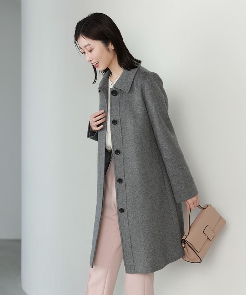 美品 パパス ステンカラーコート ダブルフェイス カシミヤ混 パイピング グレー カシミヤダブルフェイス リバーコート