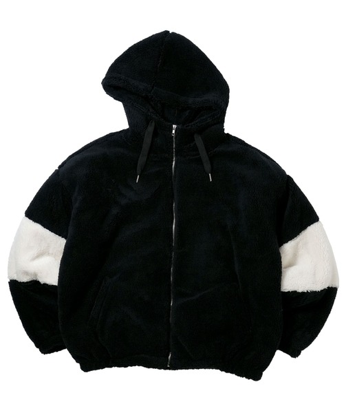 【美品】フリース フーディ ボアポンチョ風 モコモコ ブラック セール】スーパービッグシルエット もこもこボアフードブルゾン