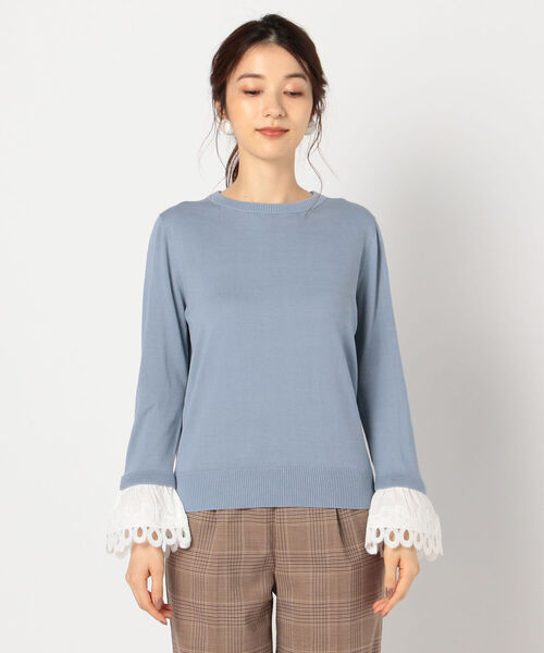 NOLLEY’S(ノーリーズ)の「【MARILYN MOON/マリリーンムーン】コードレース袖布帛プルオーバーニット(ニット/セーター・レディース・アイボリー/グレイッシュブルー・38)」の4枚目の写真