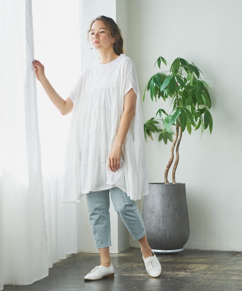 PUAL CE CIN（ピュアルセシン）の「ティアードショートスリーブチュニック（チュニック・レディース・ホワイト/ブラック/ベージュ/ピンク/ブルー・FREE）」の6枚目の写真