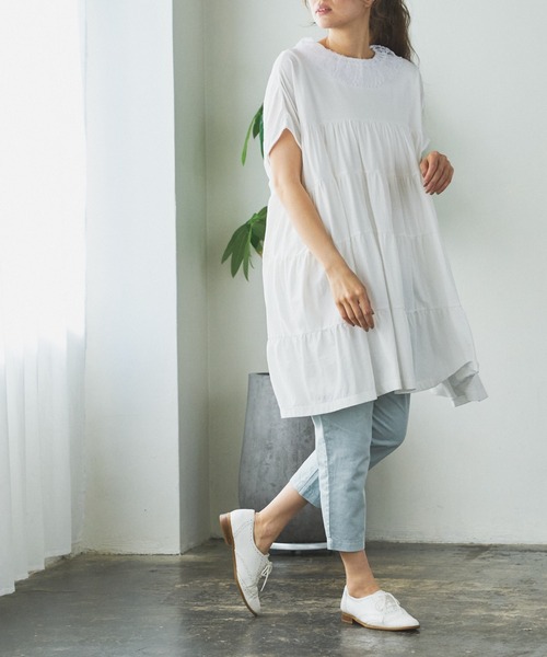 PUAL CE CIN（ピュアルセシン）の「ティアードショートスリーブチュニック（チュニック・レディース・ホワイト/ブラック/ベージュ/ピンク/ブルー・FREE）」の16枚目の写真