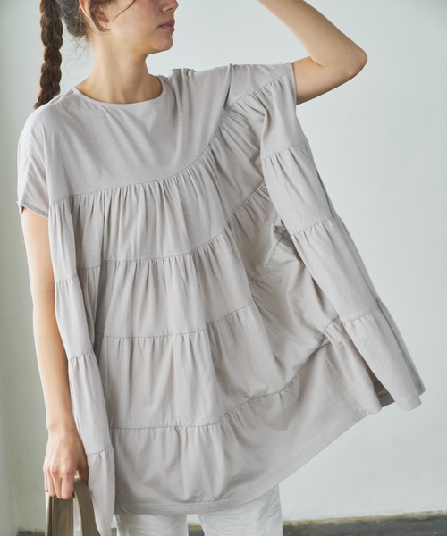 PUAL CE CIN（ピュアルセシン）の「ティアードショートスリーブチュニック（チュニック・レディース・ホワイト/ブラック/ベージュ/ピンク/ブルー・FREE）」の12枚目の写真