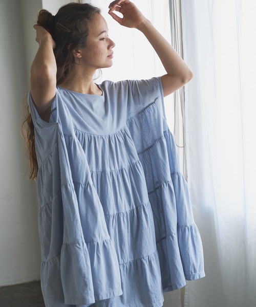 PUAL CE CIN（ピュアルセシン）の「ティアードショートスリーブチュニック（チュニック・レディース・ホワイト/ブラック/ベージュ/ピンク/ブルー・FREE）」の8枚目の写真