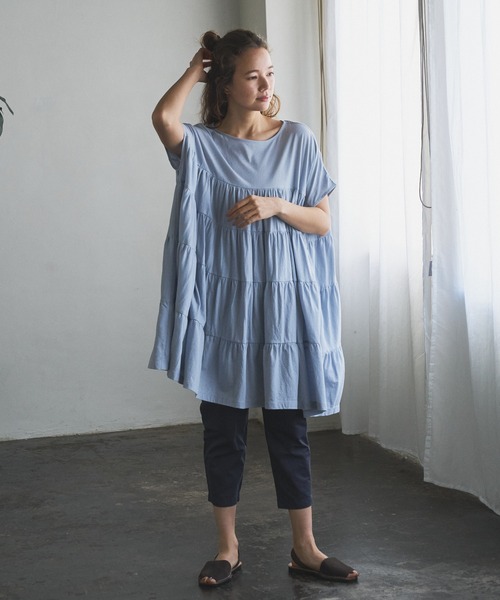 PUAL CE CIN（ピュアルセシン）の「ティアードショートスリーブチュニック（チュニック・レディース・ホワイト/ブラック/ベージュ/ピンク/ブルー・FREE）」の14枚目の写真