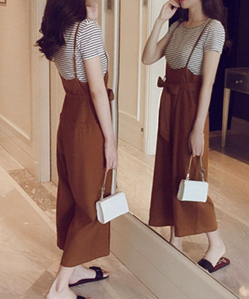 Primazel（プリマゼル）の「ボーダーTシャツ＋サロペットパンツセットアップ（サロペット/オーバーオール・レディース・ブラック/ブラウン・M）」の15枚目の写真